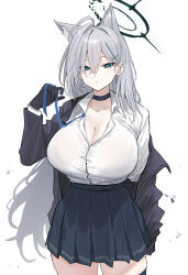 Rule 34 | 1girl, ahoge, animal ears, aqua eyes, black choker, black gloves, black jacket, black skirt, blue archive, breasts, choker, cleavage, cowboy shot, cross, cross earrings, earrings, extra ears, gloves, grey hair, halo, hangetsu15, highres, huge breasts, jacket, jacket partially removed, jewelry, looking at viewer, mismatched pupils, neck ribbon, open clothes, open collar, open jacket, pleated skirt, ribbon, shiroko (blue archive), shiroko terror (blue archive), shirt, shirt tucked in, simple background, skirt, solo, undone neck ribbon, white background, white shirt, wolf ears