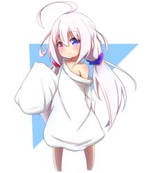 Rule 34 | 1girl, absurdres, ahoge, bare shoulders, blue eyes, blush, closed mouth, collarbone, commentary request, hair between eyes, heterochromia, highres, idaten93, long hair, long sleeves, looking away, off shoulder, original, oversized clothes, oversized shirt, red eyes, ruua (idaten93), shirt, sleeves past fingers, sleeves past wrists, solo, standing, very long hair, white shirt
