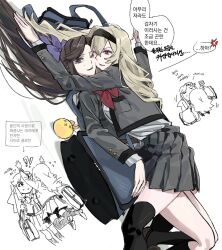 2girls 9urodine bag black_hairband black_thighhighs blonde_hair bow brown_hair cheek-to-cheek grey_jacket grey_skirt hair_bow hairband heads_together highres jacket korean_text long_hair long_sleeves multiple_girls parted_lips pleated_skirt purple_bow purple_eyes red_eyes saijou_claudine school_bag seishou_music_academy_uniform shirt shoujo_kageki_revue_starlight skirt speech_bubble straddling sweat tendou_maya thighhighs translation_request white_background white_shirt yuri