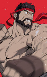 Rule 34 | 1boy, bara, beard, black hair, clenched hands, clenched teeth, facial hair, gloves, headband, highres, large pectorals, male focus, muscular, muscular male, pectorals, red background, red eyes, red headband, ryota-h, ryu (street fighter), short hair, simple background, solo, street fighter, street fighter 6, teeth, topless male, upper body