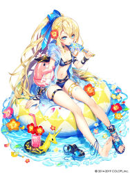 Rule 34 | 1girl, afloat, bikini, blonde hair, blue bikini, blue bow, blue eyes, blue footwear, bow, breasts, cup, drinking straw, flower, food, full body, hair bow, hair flower, hair ornament, inflatable toy, inflatable unicorn, innertube, long hair, official art, popsicle, renta (deja-vu), sandals, shironeko project, simple background, sitting, small breasts, solo, swim ring, swimsuit, thigh strap, unworn sandals, very long hair, water, white background