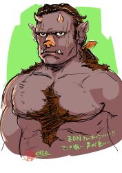 Rule 34 | 1boy, artist name, brown hair, character name, chest hair, closed mouth, cropped torso, dark-skinned male, dark skin, dungeon meshi, fangs, fangs out, frown, hair pulled back, highres, horns, looking ahead, male focus, medium hair, multiple scars, oni chan sky, orc, pointy ears, scar, scar on face, sideburns, signature, sketch, solo, zon (dungeon meshi)
