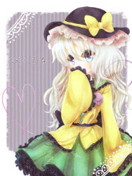 Rule 34 | 1girl, blue eyes, bow, female focus, grey hair, hand to own mouth, hat, hat bow, heart, heart-shaped pupils, heart of string, komeiji koishi, long hair, long sleeves, mochi0103, mochiko (mocchikkoo), skirt, solo, striped, striped background, symbol-shaped pupils, third eye, touhou