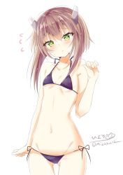 Rule 34 | 1girl, alternate costume, alternate eye color, arm up, bikini, black bikini, blue eyes, blush, breasts, brown hair, closed mouth, green eyes, hair between eyes, hair ornament, halterneck, highres, hizaka, kantai collection, looking at viewer, navel, one-hour drawing challenge, short hair, simple background, small breasts, solo, string bikini, swimsuit, taihou (kancolle), twitter username, white background