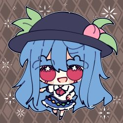 Rule 34 | 1girl, :d, absurdres, argyle, argyle background, argyle clothes, ascot, black hat, blouse, blue hair, blue skirt, blush, brown background, brown footwear, collared shirt, commentary, food, frilled skirt, frills, fruit, full body, hair between eyes, hat, highres, hinanawi tenshi, leaf, long hair, looking at viewer, mangi5000, open mouth, peach, puffy short sleeves, puffy sleeves, rainbow gradient, rainbow order, red ascot, red eyes, shirt, shoes, short sleeves, sidelocks, skirt, smile, solo, standing, standing on one leg, symbol-only commentary, thick eyebrows, touhou, white shirt