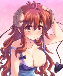 Rule 34 | 1girl, blue dress, blush, breast slip, breasts, closed mouth, collarbone, commentary request, curled horns, demon girl, demon horns, demon tail, dress, galleon-joe, gradient background, hand on own head, horns, large breasts, long hair, looking at viewer, machikado mazoku, nipples, one breast out, pink background, red eyes, red hair, sleeveless, sleeveless dress, solo, tail, yoshida yuuko (machikado mazoku)
