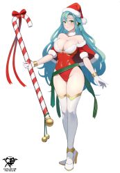 Rule 34 | 1girl, alternate costume, aqua eyes, bare shoulders, bow, breasts, candy, candy cane, chloe (fire emblem), cleavage, collar, commentary, covered navel, fire emblem, fire emblem engage, food, full body, fur collar, groin, hat, high heels, holding, holding candy, holding food, kaos art, large breasts, leotard, long hair, looking at viewer, nintendo, off-shoulder leotard, red bow, red hat, red leotard, santa hat, short sleeves, simple background, smile, solo, standing, thighhighs, thighs, very long hair, white background, white collar, white thighhighs