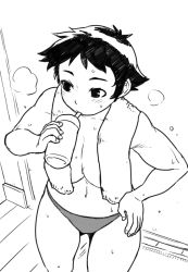Rule 34 | 1girl, bad id, bad pixiv id, bottle, breasts, cleavage, drinking, greyscale, hand on own hip, large breasts, makoto (street fighter), monochrome, navel, panties, short hair, solo, street fighter, sweat, toned, topless, towel, towel around neck, tsukudani (coke-buta), underwear, water bottle
