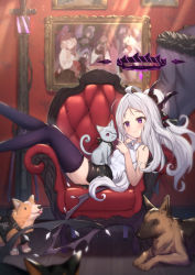 Rule 34 | 1girl, ahoge, animal, armchair, black skirt, blue archive, blush, breasts, cat, cat on person, chair, collared shirt, commentary request, dog, feet out of frame, halo, highres, hina (blue archive), horns, indoors, long hair, looking at animal, lying, miniskirt, on chair, parted bangs, purple eyes, purple thighhighs, shirt, skirt, sleeveless, sleeveless shirt, small breasts, solo, tail, thighhighs, uneg, very long hair, white hair, white shirt