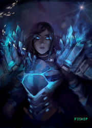 Rule 34 | 1girl, armor, artist name, black hair, blue eyes, blue theme, breastplate, closed mouth, frostbite pharah, highres, long hair, matilda fiship, overwatch, overwatch 1, pauldrons, pharah (overwatch), shoulder armor, shoulder spikes, solo, spikes, upper body