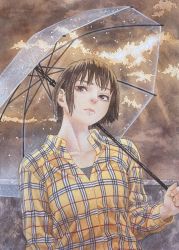 Rule 34 | 1girl, brown eyes, brown hair, buttons, cloud, cloudy sky, collarbone, collared shirt, expressionless, highres, holding, holding umbrella, long sleeves, looking at viewer, makki (tobaccos), open collar, original, outdoors, plaid, plaid shirt, shirt, short hair, sky, solo, traditional media, transparent, transparent umbrella, umbrella, undershirt, water drop
