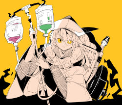 Rule 34 | 1girl, black hat, bright pupils, commentary, dress, hat, highres, intravenous drip, long hair, long sleeves, massakasama, matara okina, mismatched pupils, raised eyebrow, simple background, smile, solo, spot color, touhou, wheelchair, white pupils, wide sleeves, yellow background, yellow eyes