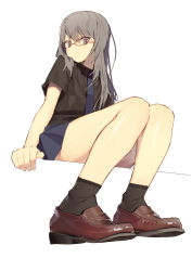 Rule 34 | 1girl, black shirt, black socks, blue skirt, brown footwear, closed mouth, commentary, from below, glasses, grey eyes, grey hair, highres, kitada mo, loafers, long hair, looking at viewer, original, shirt, shoes, short sleeves, simple background, sitting, skirt, smile, socks, solo, white background
