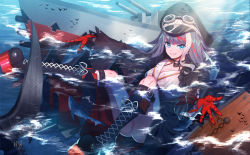 Rule 34 | azur lane, black hair, blue eyes, boots, breasts, cross-laced footwear, deutschland (bilan hangxian), gloves, google glass, hat, high heel boots, high heels, lace-up boots, looking at viewer, majiang, medium breasts, rigging, smile, solo, submerged, water