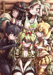 Rule 34 | 5girls, :&lt;, :q, animal ears, animal print, bare arms, beanie, behind another, black hair, black leopard (kemono friends), blonde hair, blush, bow, breasts, brushing another&#039;s hair, brushing hair, c:, camisole, cleavage, closed mouth, collared vest, comb, crocodilian tail, elbow gloves, extra ears, fang, fang out, glasses, gloves, gorilla (kemono friends), green eyes, green hair, grin, hair between eyes, hair bow, hairdressing, hat, high ponytail, highres, holding, holding clothes, holding comb, indoors, jacket, kemono friends, kemono friends 3, kneeling, leopard (kemono friends), leopard ears, leopard girl, leopard print, leopard tail, long hair, long sleeves, looking at another, medium breasts, medium hair, miniskirt, multicolored hair, multiple girls, necktie, orange eyes, pantyhose, pleated skirt, print gloves, print necktie, print skirt, print thighhighs, saltwater crocodile (kemono friends), shirt, short sleeves, sitting, skin fang, skirt, smile, spectacled caiman (kemono friends), sweater vest, tail, tan, teriiman, thighhighs, tongue, tongue out, unzipped, v arms, vest, white hair, yellow eyes, zettai ryouiki, zipper, zipper pull tab