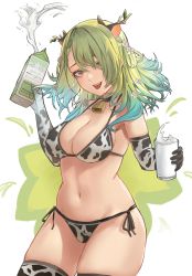 Rule 34 | 1girl, absurdres, animal ears, animal print, antlers, bell, bikini, bottle, braid, breasts, ceres fauna, cow ears, cow horns, cow print, cow print bikini, female focus, flower, gloves, green hair, hair between eyes, hair flower, hair ornament, hair over one eye, highres, holocouncil, hololive, hololive english, horns, large breasts, long hair, looking at viewer, midriff, milk, milk bottle, mole, mole under eye, multicolored hair, navel, open mouth, print bikini, print thighhighs, side-tie bikini bottom, simple background, skindentation, smile, solo, standing, swimsuit, tanukidraws, teeth, thighhighs, thighs, tongue, tongue out, two-tone hair, virtual youtuber, white background, yellow eyes