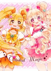 Rule 34 | 00s, 10s, 2girls, :d, blonde hair, blush, bow, brooch, choker, corset, cowboy shot, crop top, cure peach, cure sunshine, earrings, flower, fresh precure!, hair bow, hair flower, hair ornament, heart, heart brooch, heart hair ornament, heartcatch precure!, holding hands, jewelry, long hair, looking at viewer, magical girl, midriff, momozono love, multiple girls, myoudouin itsuki, navel, open mouth, orange bow, orange skirt, pink background, pink eyes, pink skirt, precure, skirt, smile, star (symbol), star in eye, striped, striped background, symbol in eye, twintails, uzuki aki, wand, wrist cuffs, yellow bow, yellow eyes