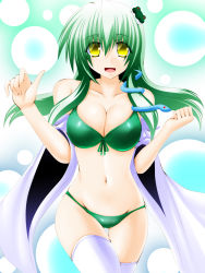 Rule 34 | 1girl, :d, bikini, blush, breasts, cleavage, detached sleeves, engo (aquawatery), female focus, frog hair ornament, green hair, hair ornament, kochiya sanae, large breasts, long hair, navel, open mouth, skindentation, smile, snake, solo, swimsuit, thigh gap, thighhighs, touhou, white thighhighs, yellow eyes