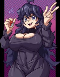 Rule 34 | 1girl, @ @, absurdres, ahoge, alternate breast size, black hair, blue eyes, breasts, cleavage, cleavage cutout, clothing cutout, commentary, covered erect nipples, creatures (company), dress, game freak, gradient background, hair between eyes, hairband, hex maniac (pokemon), highres, holding, holding poke ball, large breasts, long dress, long hair, looking at viewer, messy hair, moxydraws, nintendo, open mouth, poke ball, poke ball (basic), pokemon, pokemon xy, purple background, purple hairband, solo, sweatdrop, teeth, turtleneck, turtleneck dress, upper teeth only, w