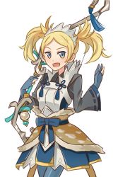 Rule 34 | 1girl, blonde hair, blue bow, blue eyes, blue gloves, bow, bow (weapon), cosplay, fire emblem, fire emblem awakening, fire emblem fates, fire emblem heroes, fur trim, gloves, holding, holding bow (weapon), holding weapon, hraaat, lissa (fire emblem), long sleeves, nintendo, open mouth, partially fingerless gloves, setsuna (fire emblem), setsuna (fire emblem) (cosplay), simple background, solo, twintails, weapon, white background