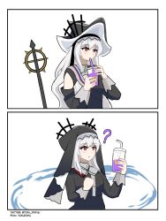 Rule 34 | 1girl, 2koma, ?, arknights, black dress, black veil, comic, commentary, cup, dress, drink, drinking straw, english commentary, grimace shake (meme), habit, hat, highres, holding, holding cup, long sleeves, meme, pixiv username, red eyes, shirt, specter (arknights), specter the unchained (arknights), tofudofu, twitter username, veil, white shirt