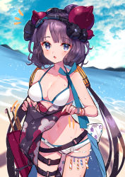 Rule 34 | 1girl, :o, bangle, bare shoulders, beach, belt, bikini, blue eyes, blush, bracelet, breasts, cleavage, cloud, cloudy sky, collarbone, commentary request, cowboy shot, day, fate/grand order, fate (series), floral print, hair ornament, halterneck, halterneck, highres, jewelry, katsushika hokusai (fate), katsushika hokusai (swimsuit saber) (fate), kt. (kaisou-notagui), long hair, looking at viewer, low twintails, medium breasts, notice lines, ocean, outdoors, parted lips, purple hair, sky, solo, swimsuit, thigh strap, twintails, very long hair, water, wet, white bikini