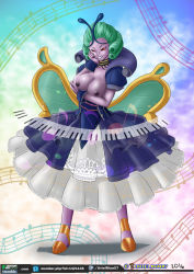 Rule 34 | 1girl, artist name, breast hold, breasts, colored skin, dress, duel monster, green hair, highres, keyboard, large breasts, musical note, nipples, purple dress, purple nipples, purple skin, shopina the melodious maestra, smile, solo, urielmanx7, wings, yu-gi-oh!, yu-gi-oh! duel monsters
