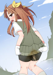 Rule 34 | 1girl, bike shorts, blue sky, blush, bow, brown eyes, brown hair, cloud, day, dutch angle, embarrassed, from behind, gloves, green skirt, green vest, hair bow, hair ornament, half-closed eyes, have to pee, kagerou (kancolle), kantai collection, kneehighs, knees together feet apart, looking at viewer, looking back, looking to the side, matching hair/eyes, minamimachi naname, miniskirt, mountain, open mouth, outdoors, peeing, peeing self, pleated skirt, school uniform, shirt, short sleeves, skirt, sky, socks, solo, standing, tears, teeth, twintails, vest, water, wet, wet clothes, white gloves, white socks, white shirt, yellow bow