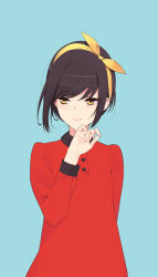 Rule 34 | 1girl, blue background, brown hair, buttons, closed mouth, dress, fingernails, hair ribbon, hairband, hand on own face, hand up, long sleeves, nail polish, original, pink nails, red dress, ribbon, short hair, simple background, solo, ssberit, upper body, yellow eyes, yellow ribbon