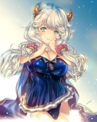 Rule 34 | 10s, 1girl, artist name, blush, breasts, cleavage, draph, granblue fantasy, horns, kumuyu, large breasts, long hair, looking at viewer, low twintails, min-naraken, open mouth, scrunchie, silver hair, solo, twintails, wide sleeves, yellow eyes