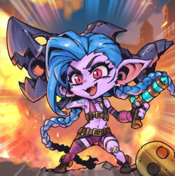 Rule 34 | 1girl, :d, alternate ears, alternate form, bare shoulders, belt, black gloves, blitzcrank, blue hair, braid, brown belt, brown footwear, colored skin, explosion, fang, fingerless gloves, gloves, gun, holding, holding gun, holding weapon, jinx (league of legends), league of legends, long hair, navel, open mouth, phantom ix row, pink eyes, pink thighhighs, pointy ears, purple skin, rocket launcher, shoes, single thighhigh, smile, solo, standing, stomach, thighhighs, twin braids, twintails, weapon, yordle