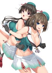 Rule 34 | 10s, 2girls, :d, back-to-back, bare shoulders, black gloves, black hair, black neckwear, blue eyes, blush, breasts, brown hair, choker, choukai (kancolle), cleavage, glasses, gloves, green hat, hair ornament, hairclip, hat, hat ribbon, headgear, kantai collection, large breasts, lifting person, locked arms, long hair, looking at viewer, looking back, maya (kancolle), midriff, miniskirt, multiple girls, nakano sora, navel, no bra, open mouth, pleated skirt, red eyes, red ribbon, remodel (kantai collection), ribbon, rimless eyewear, school uniform, short hair, simple background, skirt, sleeveless, smile, stretching, white background, x hair ornament