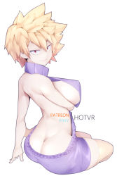 Rule 34 | 1girl, ass, back, bakugou mitsuki, bare arms, bare legs, blonde hair, boku no hero academia, breasts, butt crack, covered erect nipples, from behind, full body, hot vr, large breasts, mature female, meme attire, purple sweater, red eyes, sideboob, simple background, sitting, solo, spiked hair, sweater, virgin killer sweater, white background