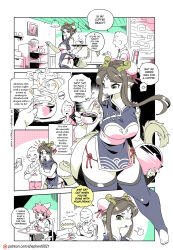Rule 34 | 1boy, 2girls, alternate language, anger vein, animal ears, blush, breasts, breath weapon, breathing fire, brown hair, ceiling light, cellphone, chair, china dress, chinese clothes, claws, coffee mug, comic, commentary, cup, double bun, dragon ears, dragon girl, dragon horns, dragon tail, dress, english commentary, english text, fire, hair bun, half-dragon maid (modern mogal), heart, heart hands failure, highres, holding, holding notepad, holding phone, holding tray, horns, indoors, large breasts, limited palette, middle finger, mug, multiple girls, notepad, original, patreon username, pelvic curtain, phone, pitcher (container), poi, pointy ears, restaurant, shepherd0821, short hair, short hair with long locks, sleeveless, smartphone, smile, snout, sparkle, spitting, spoken anger vein, star (symbol), steam, sweatdrop, table, tail, taking picture, thighhighs, toeless legwear, tongue, tongue out, tray, waitress