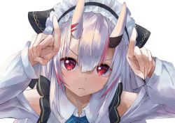 Rule 34 | 1girl, :&lt;, blue neckwear, closed mouth, collared shirt, commentary, hair between eyes, hair ribbon, highres, hololive, horns, horns pose, konkito, long hair, looking at viewer, maid headdress, multicolored hair, nakiri ayame, nakiri ayame (girly), red eyes, red hair, ribbon, shirt, silver hair, simple background, skin-covered horns, solo, streaked hair, two-tone hair, upper body, v-shaped eyebrows, virtual youtuber, white background, white shirt, wing collar