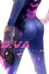 Rule 34 | 1girl, 2016, ass, bodysuit, character name, copyright name, d.va (overwatch), dated, from behind, gloves, gun, handgun, holding, holding gun, holding weapon, image sample, overwatch, overwatch 1, pilot suit, shan zhui, simple background, skin tight, solo, weapon, white background, white gloves