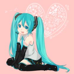 Rule 34 | 1girl, 39, aqua eyes, aqua hair, boots, character name, detached sleeves, hatsune miku, headset, heart, hekopon, highres, long hair, musical note, necktie, open mouth, sitting, skirt, solo, thigh boots, thighhighs, twintails, very long hair, vocaloid, wariza