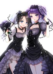 Rule 34 | 2girls, black bow, black dress, black hair, blue eyes, bow, breasts, choker, cleavage, closed mouth, collarbone, diagonal bangs, dress, flower, frills, gothic lolita, hair ornament, hiiragi kei, holding, idolmaster, idolmaster shiny colors, jewelry, lolita fashion, looking at viewer, medium breasts, medium hair, mitsumine yuika, multiple girls, necklace, open mouth, parted lips, purple eyes, purple hair, rose, short hair, simple background, small breasts, smile, tanaka mamimi, twintails, white background, wrist cuffs