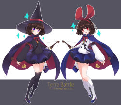 Rule 34 | 2girls, armband, arrow (projectile), black socks, blue skirt, blush, bow, bow (weapon), brown hair, buttons, cape, character name, copyright name, facial mark, firou, firuo (king fish), frills, hairband, hat, kneehighs, long sleeves, multiple girls, open mouth, outline, over-kneehighs, purple eyes, purple skirt, quiver, red bow, red eyes, rikken (terra battle), short hair, siblings, sisters, skirt, smile, socks, sparkle, terra battle, thighhighs, twins, weapon, white legwear, witch hat, yukken (terra battle), zettai ryouiki