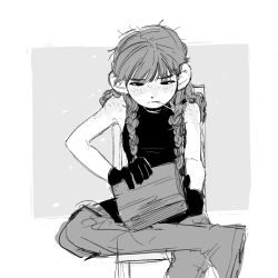 Rule 34 | 1girl, bare shoulders, body freckles, boots, box, braid, chair, dungeon meshi, freckles, gloves, halfling, highres, korean commentary, lockpick, long hair, looking down, mayjack (dungeon meshi), monochrome, mouth hold, multiple braids, quad braids, shirt, sitting, sketch, sleeveless, sleeveless shirt, solo, wkdqhrska