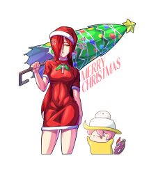 Rule 34 | 2girls, absurdres, anger vein, breasts, chibi, christmas, covered navel, cross, cross necklace, dress, hair over one eye, hat, highres, holding, holding umbrella, hungern (skullgirls), jedo 1126, jewelry, large breasts, mistletoe, multiple girls, necklace, parasoul (skullgirls), pink hair, santa hat, skullgirls, snowman, tongue, tongue out, umbrella, umbrella (skullgirls), white background, yellow eyes