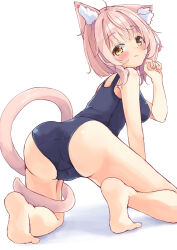 Rule 34 | 1girl, animal ears, ass, bare arms, bare legs, bare shoulders, barefoot, black one-piece swimsuit, blush, breasts, brown eyes, cameltoe, cat ears, cat girl, cat tail, cleft of venus, closed mouth, commentary request, from behind, hand up, highres, manabe mana, medium breasts, old school swimsuit, one-piece swimsuit, original, pink hair, school swimsuit, shadow, simple background, soles, solo, swimsuit, tail, wavy mouth, white background