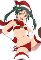 Rule 34 | 1girl, bikini, blush, breasts, cameltoe, christmas, fang, francesca lucchini, gloves, green eyes, green hair, hands on own hips, hat, looking at viewer, nanashino, navel, open mouth, red bikini, red gloves, red scarf, santa bikini, santa costume, santa hat, scarf, simple background, small breasts, smile, solo, strike witches, swimsuit, thighhighs, twintails, white background, world witches series