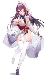 Rule 34 | 1girl, absurdres, afindex, ahoge, black hair, breasts, cleavage, closed mouth, commentary, dress, elf, full body, highres, large breasts, long hair, looking at viewer, original, pelvic curtain, pointy ears, red eyes, sash, simple background, smile, standing, standing on one leg, thighhighs, white background, white dress, white thighhighs