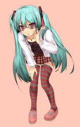 Rule 34 | 1girl, aqua hair, glasses, hatsune miku, highres, jewelry, kocchi muite baby (vocaloid), leaning forward, long hair, mtkt, nail polish, necklace, open mouth, project diva, project diva (series), project diva 2nd, red-framed eyewear, red eyes, simple background, skirt, solo, striped clothes, striped thighhighs, thighhighs, twintails, very long hair, vocaloid