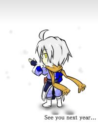 Rule 34 | 1boy, ahoge, boots, bridal gauntlets, english text, futa (nabezoko), glasses, gradient background, long sleeves, looking at viewer, looking back, male focus, morichika rinnosuke, outstretched arm, pouch, scarf, shadow, silver hair, smile, snow, solo, standing, steam, touhou, white background, yellow eyes, yellow scarf