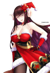 Rule 34 | 1girl, azur lane, breasts, choker, christmas dress, cleavage, commission, curled horns, dress, closed eyes, flower, fur-trimmed dress, fur-trimmed gloves, fur trim, gloves, hair between eyes, hand on own hip, hat, highres, horns, irkawaza, large breasts, long hair, looking at viewer, official alternate costume, pantyhose, purple hair, red choker, red flower, red gloves, santa hat, side slit, simple background, sleeveless, sleeveless dress, solo, standing, strapless, strapless dress, suruga (azur lane), suruga (uneventful holiday greetings) (azur lane), very long hair, white background