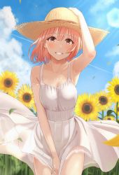 Rule 34 | 1girl, armpits, between legs, blush, breasts, character request, clear sky, cleavage, cloud, collarbone, copyright request, cowboy shot, dress, flower, hand between legs, hand on own head, hat, highres, looking at viewer, outdoors, pink eyes, pink hair, shukurin, sky, smile, straw hat, sundress, sunflower, teeth, white dress