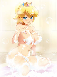 Rule 34 | 1girl, :p, alternate hairstyle, arm support, barefoot, bath, bathing, blonde hair, blue eyes, blue gemstone, blush, breasts, bubble, bubble bath, closed mouth, collarbone, convenient censoring, crown, eyebrows, foam, from side, gem, groin, hair tie, hair up, hand on own chest, high ponytail, indoors, konpeto, large breasts, long hair, looking at viewer, mario (series), medium breasts, mini crown, naughty face, navel, nintendo, nude, ponytail, princess peach, red gemstone, sidelocks, sitting, smile, soaking feet, soap bubbles, soap censor, solo, steam, stomach, thighs, tongue, tongue out, water, water drop, wavy hair, wet