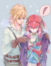 Rule 34 | 1boy, 1girl, aruba, blonde hair, blush, breasts, cold, colored skin, fins, fish girl, hair ornament, jacket, jewelry, link, long hair, mipha, monster girl, multicolored skin, nintendo, no eyebrows, pointy ears, red hair, red skin, snow, snowing, the legend of zelda, the legend of zelda: breath of the wild, yellow eyes, zora